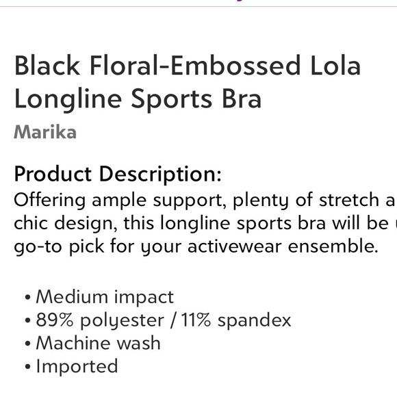 NWT Marika Black Embossed Lola Longline Sports Workout Bra Removable Pads Med - Picture 5 of 5